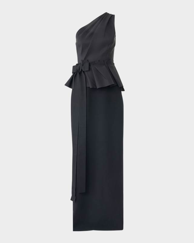 One-Shoulder Peplum Column Gown With Bow